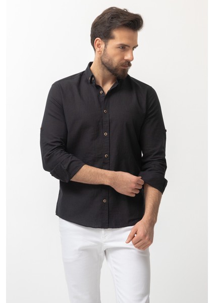 Düz Siyah Renk Slim Fit Basic Keten Erkek Gömlek fırsatları
