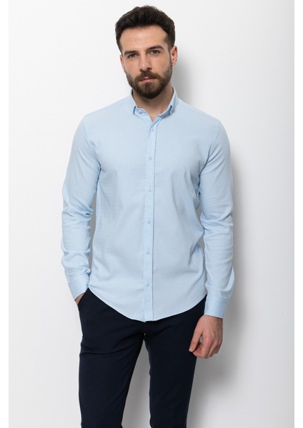 Desenli Mavi Renk Slim Fit Erkek Gömlek