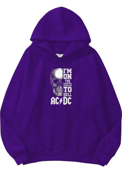 Acdc Baskılı Oversize Mor Renk 3 Iplik Sweatshirt