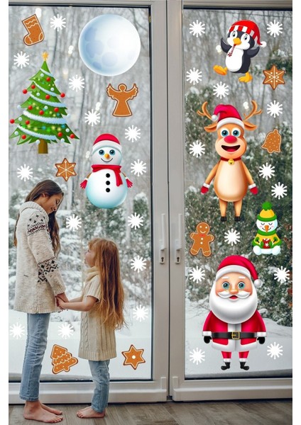 Kış Temalı Renkli Duvar ve Pencere Sticker Seti, Noel Baba, Geyik, Kardan Adam Dekorları