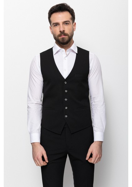 Düz Siyah Renk Slim Fit Klasik Erkek Yelek modelleri