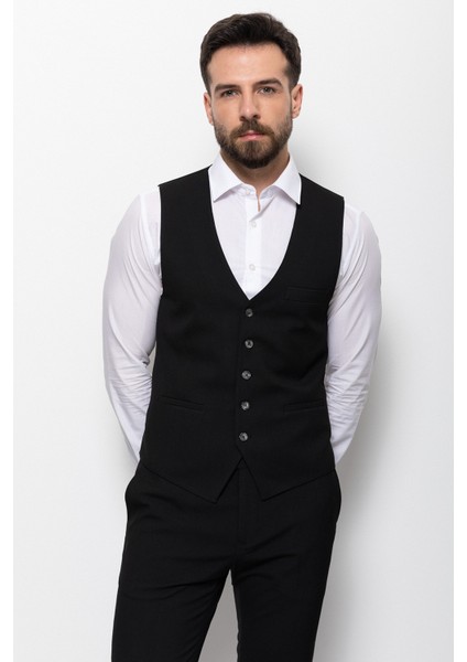 Düz Siyah Renk Slim Fit Klasik Erkek Yelek indirimleri