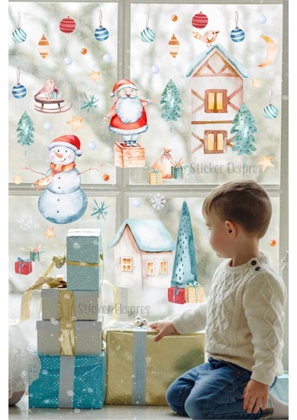 Kış ve yılbaşı temalı renkli cam ve duvar dekorasyon sticker seti, 5+ parça