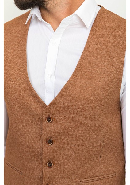 Desenli Kamel Rengi Slim Fit Klasik Yün Erkek Yelek fiyatları