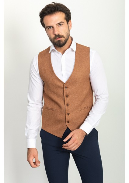 Desenli Kamel Rengi Slim Fit Klasik Yün Erkek Yelek modelleri