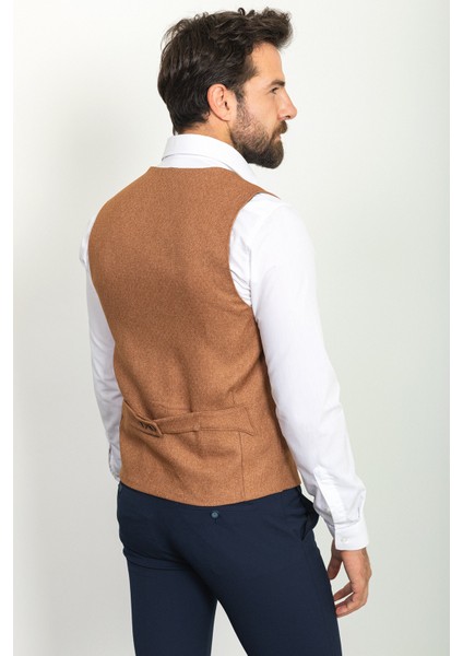Desenli Kamel Rengi Slim Fit Klasik Yün Erkek Yelek fırsatları