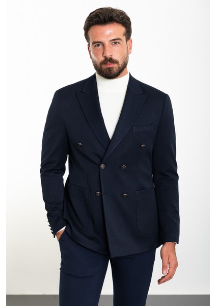 Düz Lacivert Slim Fit Mono Yaka Kruvaze Erkek Ceket