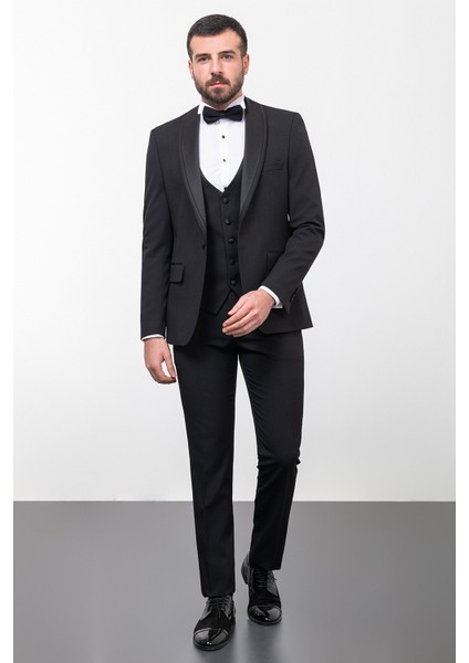 Düz Siyah Renk Slim Fit Çizgili Geniş Yaka Erkek Damatlık