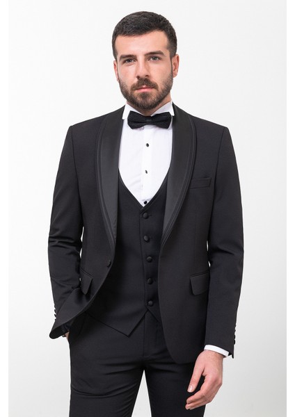 Düz Siyah Renk Slim Fit Çizgili Geniş Yaka Erkek Damatlık indirimleri