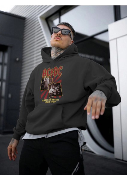 Acdc Baskılı Oversize Siyah Renk 3 Iplik Sweatshirt