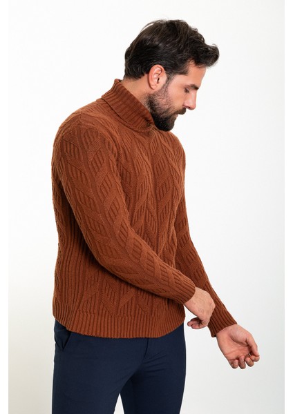 Örgülü Kahverengi Slim Fit Tam Balıkçı Yaka Yün Erkek Kazak