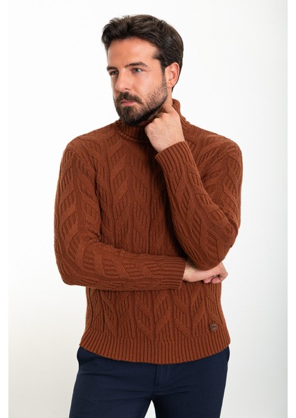 Örgülü Kahverengi Slim Fit Tam Balıkçı Yaka Yün Erkek Kazak