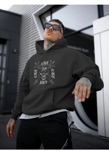 Slayer Baskılı Oversize Siyah Renk 3 Iplik Sweatshirt