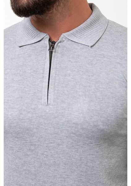 Düz Gri Slim Fit Fermuarlı Polo Yaka Erkek Triko Kazak fiyatları