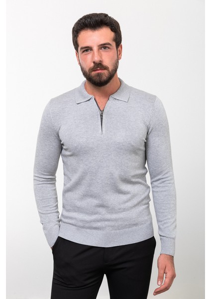 Düz Gri Slim Fit Fermuarlı Polo Yaka Erkek Triko Kazak modelleri