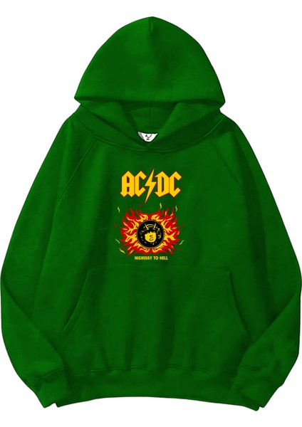 Acdc Baskılı Oversize Yeşil Renk 3 Iplik Sweatshirt