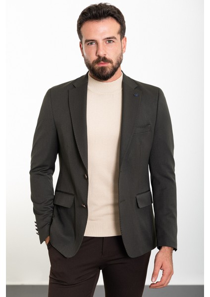 Düz Haki Slim Fit Mono Yaka Erkek Ceket