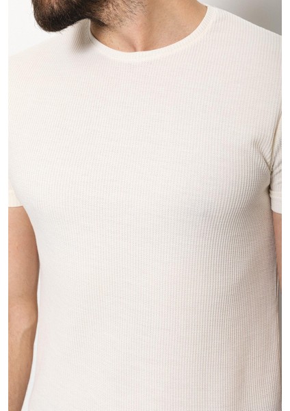 Desenli Ekru Slim Fit Bisiklet Yaka Basic Erkek T-Shirt fiyatları