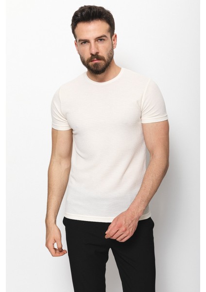 Desenli Ekru Slim Fit Bisiklet Yaka Basic Erkek T-Shirt modelleri