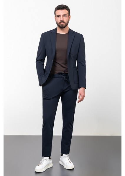 Düz Lacivert Slim Fit Torba Cep Mono Yaka İpli Erkek Takım Elbise