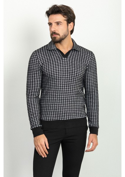 Desenli Siyah Renk Slim Fit Polo Yaka Uzun Kollu Yün Erkek T-Shirt