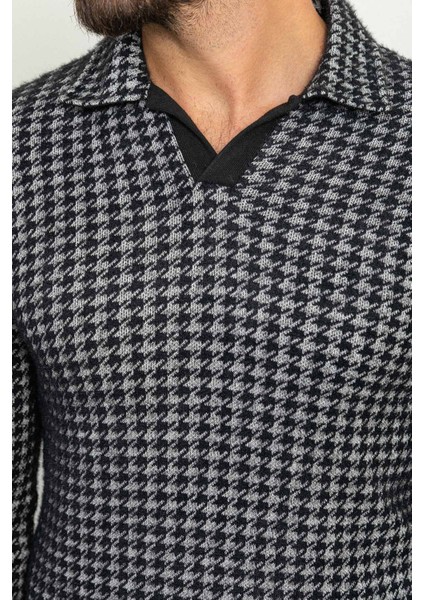Desenli Siyah Renk Slim Fit Polo Yaka Uzun Kollu Yün Erkek T-Shirt fiyatları