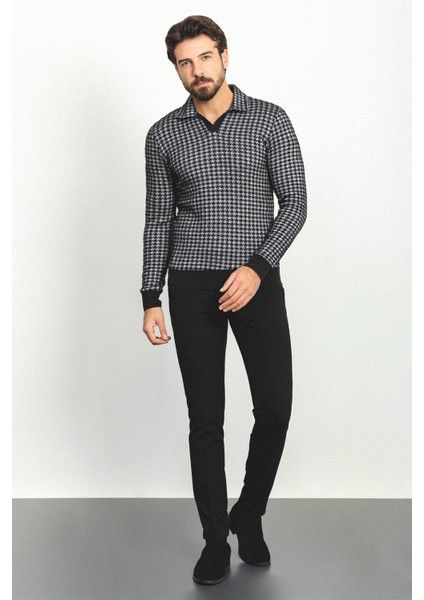 Desenli Siyah Renk Slim Fit Polo Yaka Uzun Kollu Yün Erkek T-Shirt modelleri