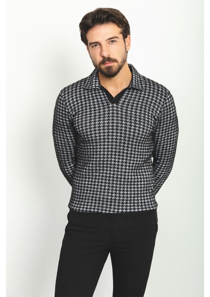 Desenli Siyah Renk Slim Fit Polo Yaka Uzun Kollu Yün Erkek T-Shirt fırsatları
