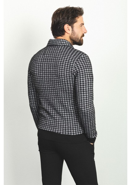 Desenli Siyah Renk Slim Fit Polo Yaka Uzun Kollu Yün Erkek T-Shirt indirimleri