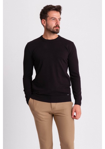 Düz Siyah Renk Slim Fit Erkek Bisiklet Yaka Kazak