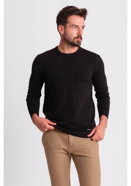 Düz Siyah Renk Slim Fit Erkek Bisiklet Yaka Kazak modelleri