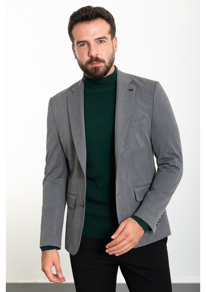 Düz Gri Slim Fit Mono Yaka Erkek Ceket