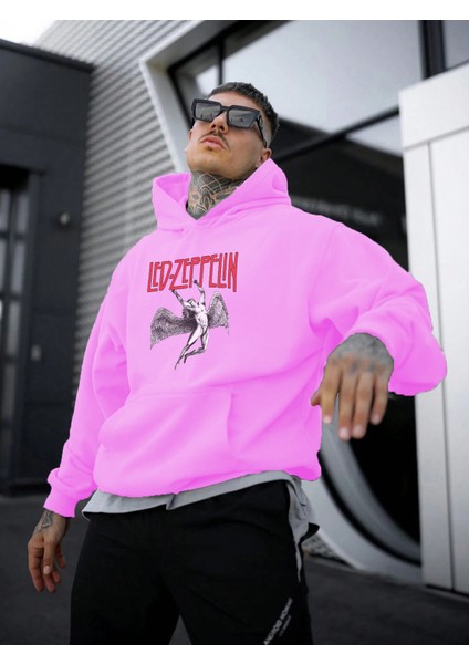 LED Zeppelin Baskılı Oversize Pembe Renk 3 Iplik Sweatshirt fiyatları