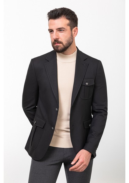 Düz Siyah Slim Fit Mono Yaka Torba Cep Erkek Ceket