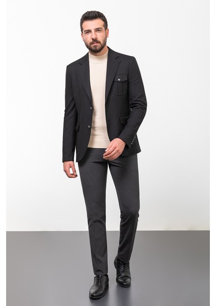 Düz Siyah Slim Fit Mono Yaka Torba Cep Erkek Ceket