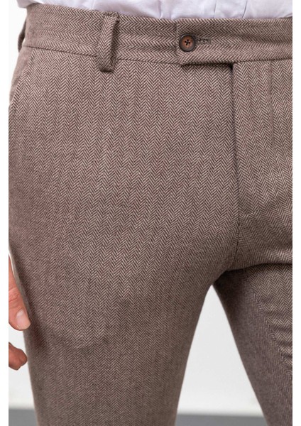 Desenli Bej Rengi Super Slim Fit Yün Erkek Pantolon