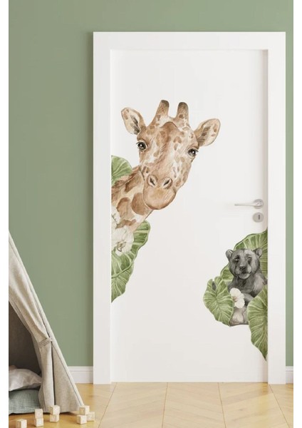 Rüya Gibi Zürafa ve Tropikal Yapraklar Sticker Seti, Renkli ve Eğlenceli Dekorasyon, 5+ Parça