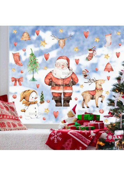 Yılbaşı temalı renkli cam ve kapı sticker seti, sevimli figürler, dekoratif süsler, TR menşei