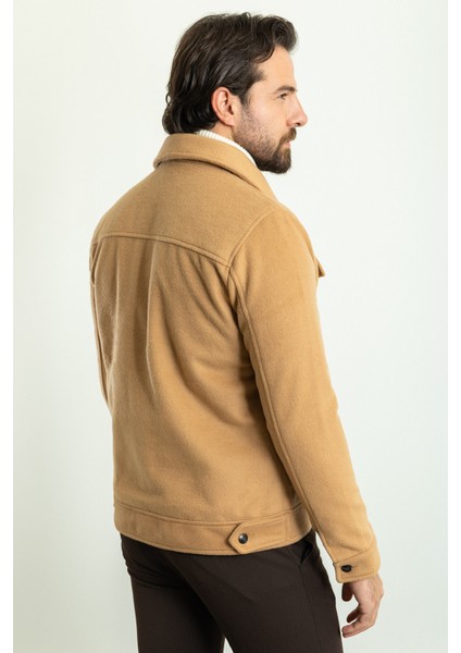 Düz Kamel Rengi Slim Fit Gömlek Yaka Yün Erkek Mont