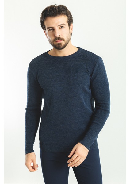 Düz Lacivert Slim Fit Bisiklet Yaka Yün Erkek Triko Kazak