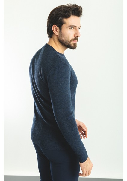 Düz Lacivert Slim Fit Bisiklet Yaka Yün Erkek Triko Kazak modelleri