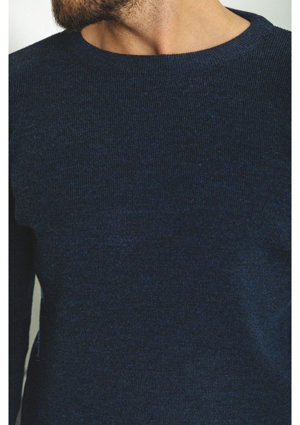 Düz Lacivert Slim Fit Bisiklet Yaka Yün Erkek Triko Kazak fırsatları