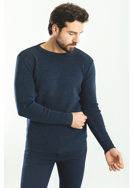 Düz Lacivert Slim Fit Bisiklet Yaka Yün Erkek Triko Kazak indirimleri