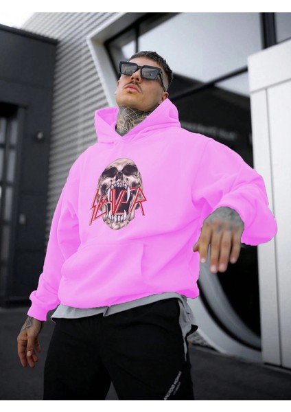 Slayer Baskılı Oversize Pembe Renk 3 Iplik Sweatshirt