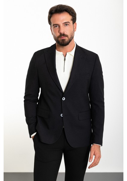 Düz Siyah Slim Fit Geniş Yaka Yün Erkek Ceket modelleri