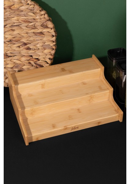 Doğal Bambu 3 Katlı Baharatlık ve Raf Düzenleyici Dolap İçi Organizer Stand 26 x 26 cm