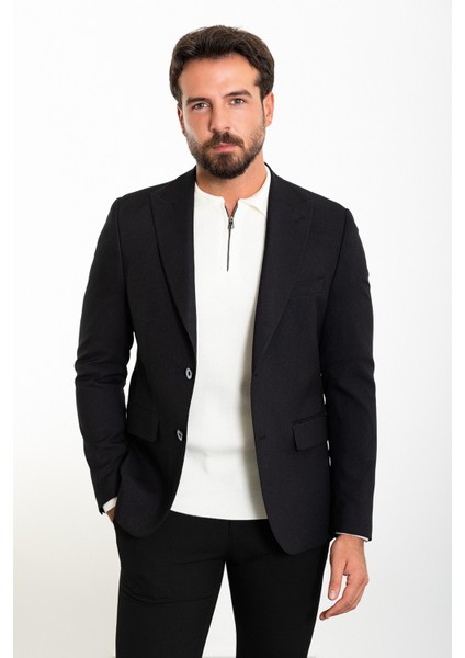 Düz Siyah Slim Fit Geniş Yaka Yün Erkek Ceket