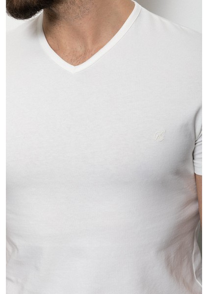 Düz Ekru Rengi Super Slim Fit V Yaka Basic Erkek T-Shirt fiyatları