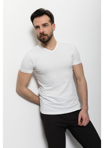 Düz Ekru Rengi Super Slim Fit V Yaka Basic Erkek T-Shirt modelleri