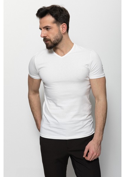 Düz Ekru Rengi Super Slim Fit V Yaka Basic Erkek T-Shirt fırsatları